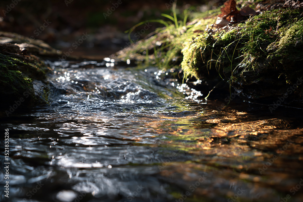 The flowing water in a small stream, with sunlight shining on it. The stream flows slowly and gently through an outdoor environment, creating beautiful ripples on its surface The flowing water in a small stream, with sunlight shining on it. The stream flows slowly and gently through an outdoor environment, creating beautiful ripples on its surface