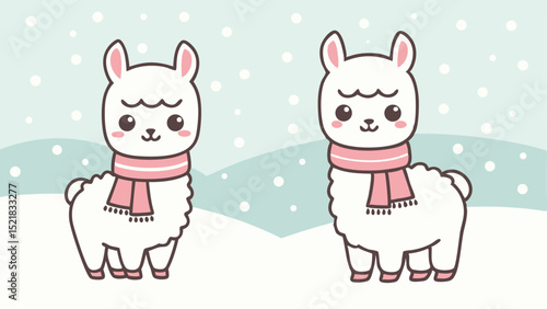 Adorable cartoon llamas wearing pink scarves in a winter snowy landscape illustration