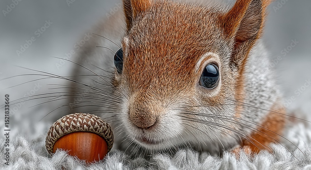 Fototapeta premium Red Squirrel Face Close-Up With Acorn, Representing Wildlife Preservation and Autumnal Abundance, Perfect for Environmental Awareness Campaigns : Generative AI