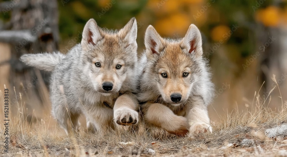 Fototapeta premium Two Wolf Pups Running Through Tall Grass, Representing Wildlife Conservation and Wilderness Exploration, Perfect for Educational Content : Generative AI
