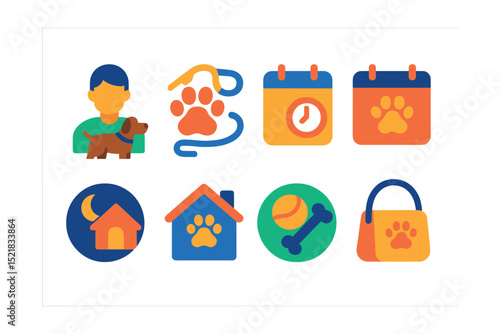Flat vector icons of pet walking and sitting: dog walker avatar, leash and paw symbol, walking service schedule, pet sitter calendar, overnight stay badge, house visit icon, playtime session icon,