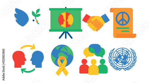 Flat vector icons of peacebuilding and global unity: dove and olive branch, conflict resolution board, mediation handshake, peace agreement scroll, cultural exchange icon, global peace ribbon,