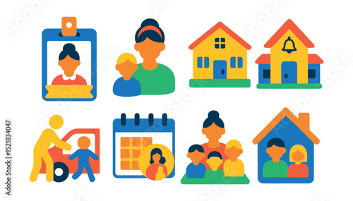 Flat vector icons of childcare providers and services: nanny badge, babysitter icon, daycare center building, early education school, child drop-off icon, caregiver calendar, group care icon, home