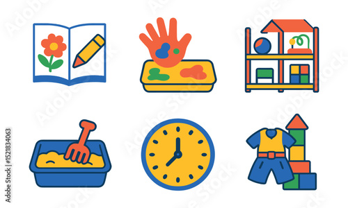 Flat vector icons of creativity and play: coloring activity, finger painting, craft scissors icon, toy shelf, sensory play bin, playtime clock, dress-up costume, building block tower.
