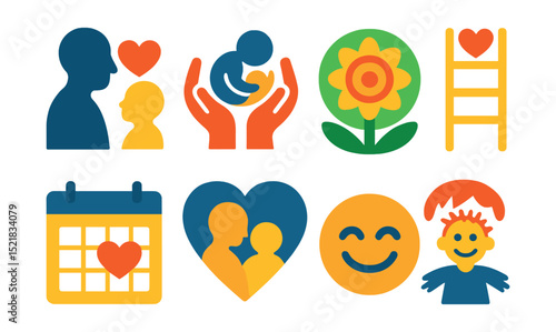 Flat vector icons of childcare love and trust: heart between parent and child, hands cradling baby icon, nurturing environment badge, trust ladder, consistent care calendar, secure attachment heart,