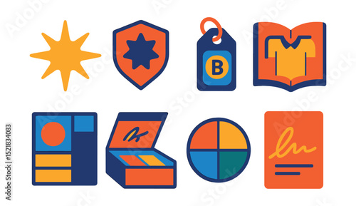 Flat vector icons of creativity and branding: creative spark icon, unique style badge, brand logo tag, designer signature icon, fashion storytelling book, identity board, brand kit, color identity
