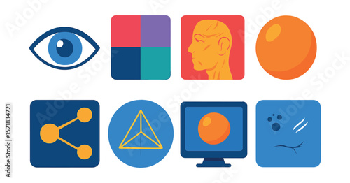 Flat vector icons of realism and detailing: photo-realistic eye icon, micro-detail texture map, fine sculpt lines, realistic skin shader, advanced lighting node, high-resolution mesh badge,