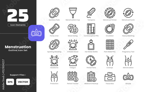 Menstruation Icon Set Collection with Outline or Line Art Style. Including Pregnancy, Test, Absorb, Contraceptive, Pills, Cramps, Fatigue, Headache, Bleeding, Hot, Water, Bottle, Irritable, Mood.