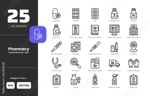 Pharmacy Icon Set Collection with Outline or Line Art Style. Including Antibiotic, Condom, Diagnosis, Eye Drop, Fish Oil, Injection, Location, Medical Spray, Pharmacy, App, Book, Folder, Store, Truck.