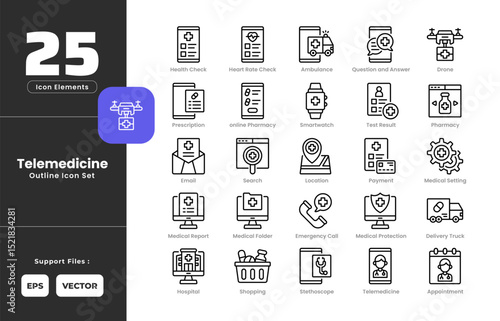 Telemedicine Icon Set Collection with Outline or Line Art Style. Including Ambulance, Appointment, Delivery, Truck, Drone, Email, Emergency, Call, Health, Check, Heart, Rate, Hospital, Location.