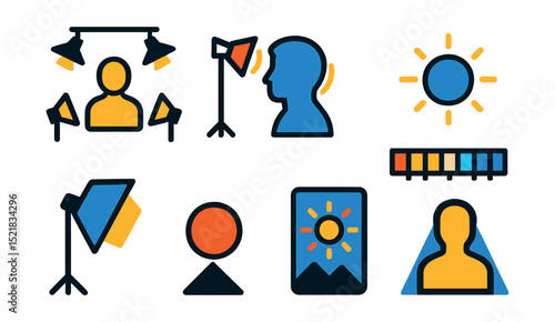 Flat vector icons of lighting rigs and mood lighting: three-point lighting icon, rim light setup, ambient light globe, color temperature scale, soft light box, shadow casting object, lighting preset