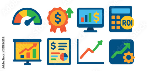 Flat vector icons of return on investment and performance tracking: ROI meter icon, revenue attribution badge, profit dashboard, ROI calculator symbol, cost-per-click chart, marketing spend tracker,