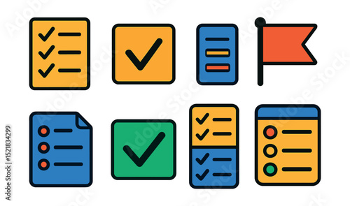Flat vector icons of tasks and to-do lists: checklist icon, task box symbol, daily task card, priority flag, to-do paper icon, complete checkbox, progress bar list, task status tracker.