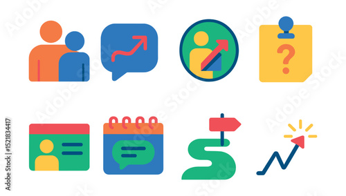 Flat vector icons of mentorship and support: mentor-mentee connection icon, guidance chat symbol, career coach badge, advice request note, mentor profile card, support session calendar, wisdom path