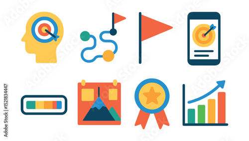Flat vector icons of personal goals and tracking: personal goal icon, step-by-step path, milestone flag, goal tracker app, daily progress bar, vision board icon, achievement badge, long-term planning