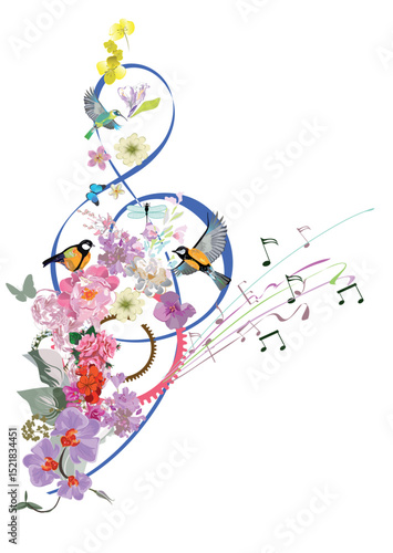Abstract nature treble clef decorated with summer and spring flowers, notes, birds. Light and relax music. Hand drawn vector illustration.