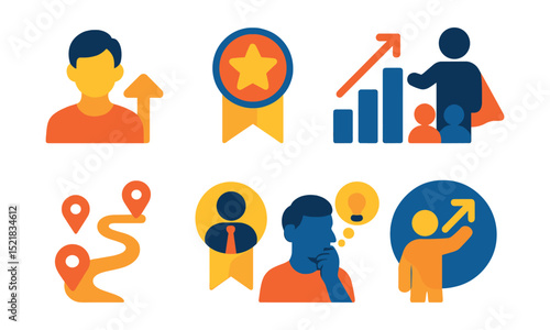 Flat vector icons of leadership and impact: personal leadership icon, influence badge, leadership growth chart, people guide symbol, impact trail icon, team lead badge, thoughtful decision symbol,