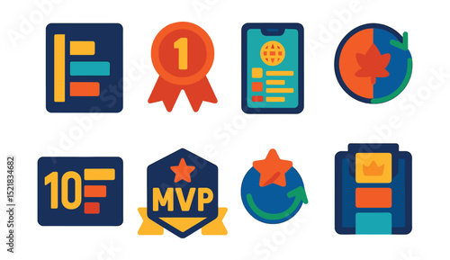 Flat vector icons of leaderboards and rankings: leaderboard chart icon, top player badge, global ranking screen, seasonal reset symbol, top 10 highlight icon, MVP badge, rank climb icon, tier board