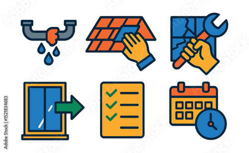 Flat vector icons of home repair: leaking pipe fix, roof patch, cracked tile repair, window replacement, tool in hand, screw and bolt, fix checklist, repair appointment.