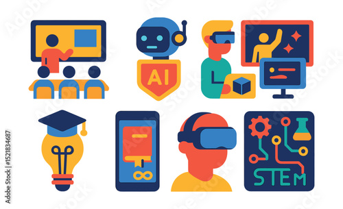 Flat vector icons of education and future learning: futuristic classroom icon, AI tutor badge, remote AR training, immersive e-learning screen, innovation academy symbol, lifelong learning app, VR