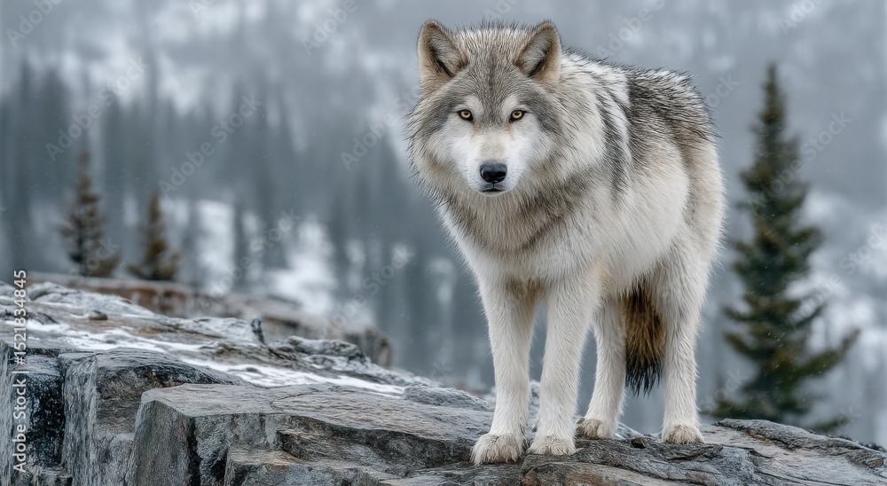 Fototapeta premium Gray Wolf Standing on Rocky Outcrop in Winter, Showcasing Wildlife Conservation and Wilderness Exploration : Generative AI