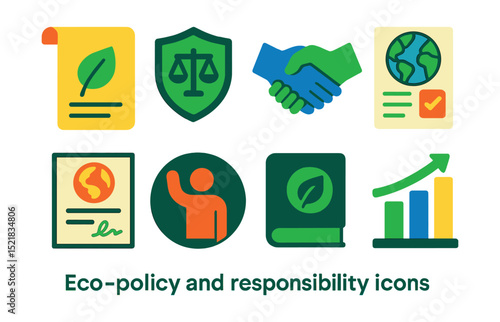 Flat vector icons of eco-policy and responsibility: environmental policy scroll, green law badge, responsibility handshake, global pledge form, climate agreement document, citizen action icon,