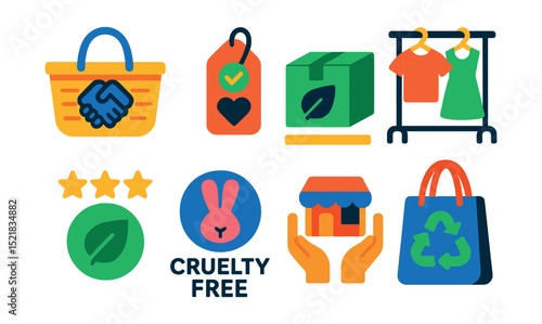 Flat vector icons of responsible shopping and ethical choices: fair trade basket, ethical brand tag, carbon-neutral shipping box, secondhand clothing rack, sustainable product rating, cruelty-free