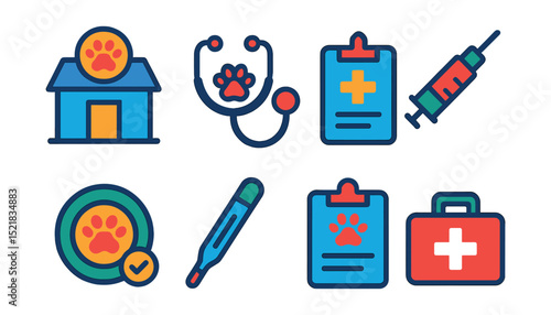 Flat vector icons of veterinary care and health: vet clinic icon, stethoscope with paw, medical chart for pets, vaccination syringe, wellness check badge, thermometer for animals, pet health report,