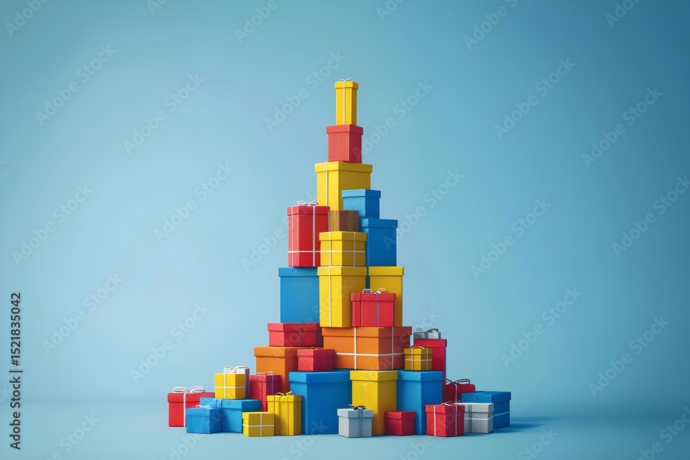 Obraz premium Christmas tree made from colorful gift boxes with a star on top. Holiday present concept for celebration.