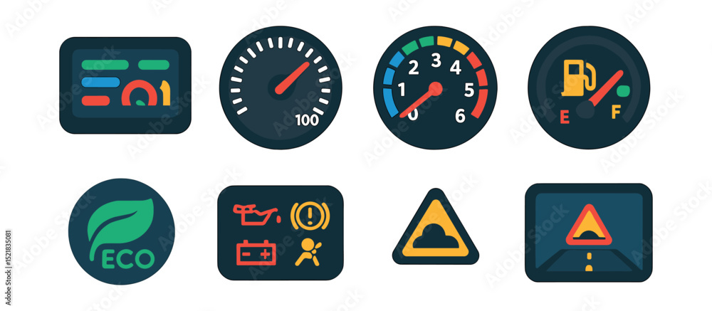 Flat vector icons of dashboards and displays: digital dashboard, analog speedometer, tachometer, fuel gauge, temperature display, eco mode icon, dashboard warning lights, driving screen. Flat vector icons of dashboards and displays: digital dashboard, analog speedometer, tachometer, fuel gauge, temperature display, eco mode icon, dashboard warning lights, driving screen.