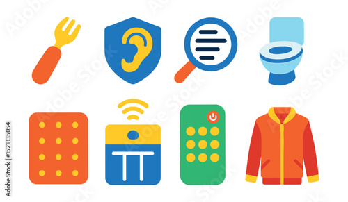 Flat vector icons of adaptive living tools: easy-grip utensil icon, hearing aid badge, magnifying glass for reading, raised toilet seat, non-slip mat icon, smart pillbox, large button remote,