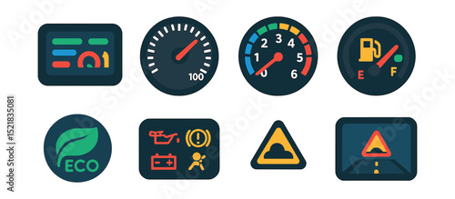 Flat vector icons of dashboards and displays: digital dashboard, analog speedometer, tachometer, fuel gauge, temperature display, eco mode icon, dashboard warning lights, driving screen.
