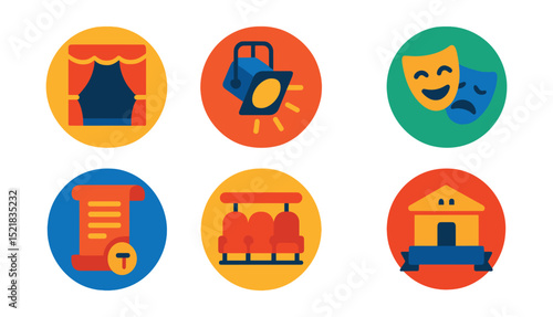 Flat vector icons of theater and stage: stage curtain, spotlight icon, mask icons (comedy & tragedy), script scroll, front row seats, stage lights, intermission icon, theater badge.