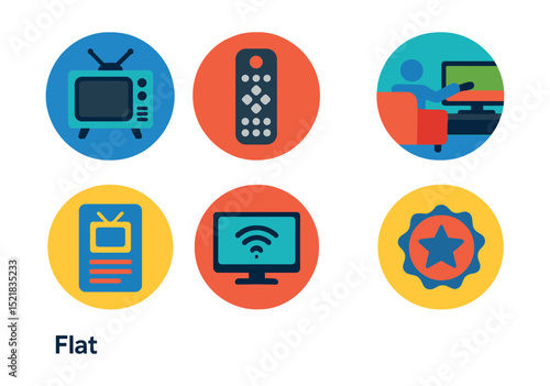 Flat vector icons of TV and shows: TV set icon, remote control, couch viewing, channel surf, prime time badge, TV guide, smart TV, sitcom scene.
