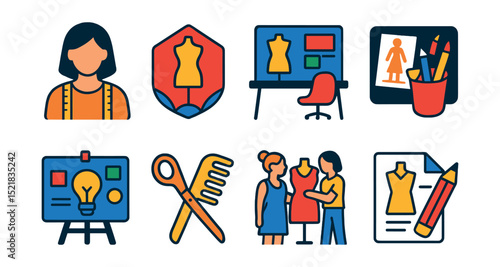 Flat vector icons of designers and studios: fashion designer avatar, design studio badge, workspace layout icon, designer desk with sketches, brand inspiration board, stylist tools icon, fitting