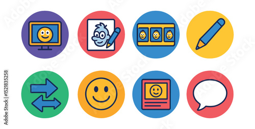 Flat vector icons of animation and cartoons: cartoon screen, character sketch, frame sequence, animator’s pen, motion arrows, animated smile, storyboard panel, cartoon bubble.