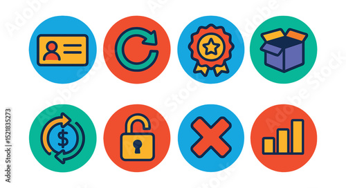 Flat vector icons of subscriptions and memberships: membership card, auto-renew icon, premium badge, subscription box, payment cycle, unlock content icon, cancel icon, plan level.