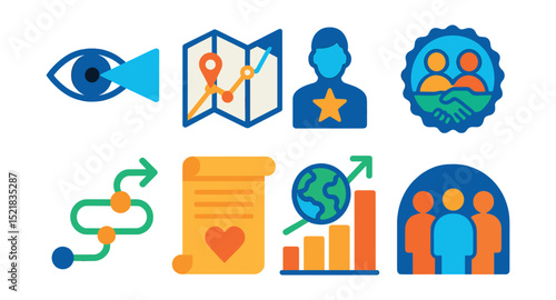 Flat vector icons of future-focused social impact: future vision beam, long-term strategy map, next-gen leader icon, intergenerational collaboration badge, sustainability timeline icon, impact legacy