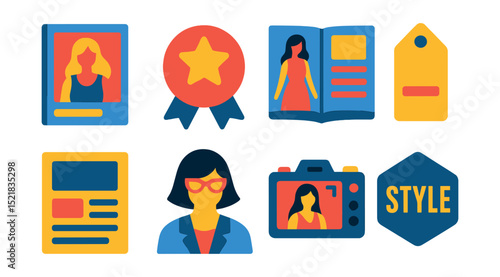 Flat vector icons of fashion magazines and publishing: magazine cover icon, editor’s choice badge, fashion spread layout, headline tag, article preview symbol, style editor icon, behind-the-scenes