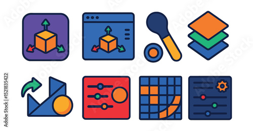 Flat vector icons of 3D modeling tools and software: 3D modeling app icon, viewport screen, toolbar with sculpt brush, layer stack, texture mapping tool, material editor, UV unwrap grid, render