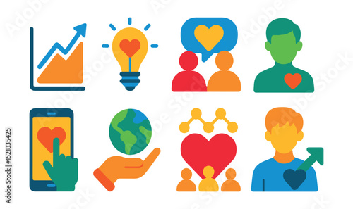 Flat vector icons of trends and future of charity: giving trends graph, innovation in aid icon, social giving, young donors icon, mobile-first charity, sustainable aid, crowdfunding trend, next-gen