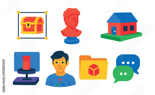 Flat vector icons of industry applications and career: 3D game asset icon, movie character sculpt, architectural model house, product prototype display, creative portfolio case, 3D artist avatar,