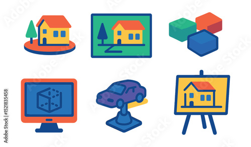 Flat vector icons of models and mockups: scale model, model board, foam blocks, 3D mockup, digital maquette, physical prototype, exploded view, architectural presentation.