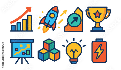 Flat vector icons of growth, innovation and performance: marketing growth chart, innovation rocket icon, emerging trend badge, high-performing campaign trophy, data-driven strategy board, scalable