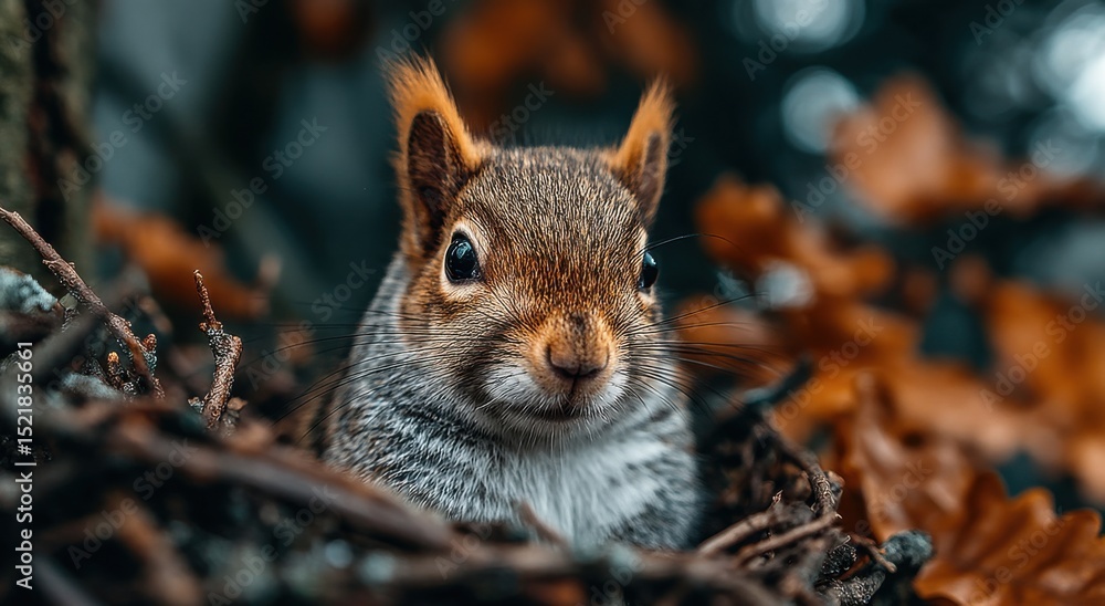 Fototapeta premium Close-Up Portrait of a Squirrel Surrounded by Autumn Leaves, Symbolizing Wildlife Protection and Environmental Awareness in Nature Photography : Generative AI