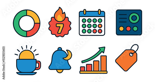 Flat vector icons of habits and tracking: habit ring icon, daily streak badge, consistency calendar, goal habit tracker, morning routine icon, bedtime reminder, habit progress chart, self-discipline