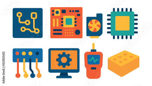 Flat vector icons of hardware and devices: circuit board, motherboard, GPU, processor chip, wiring panel, hardware config screen, diagnostic tool, hardware block.