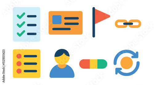 Flat vector icons of project tasks and workflow: checklist icon, task card, task priority flag, task dependencies link, subtask list, task assignment avatar, task status indicator, recurring task