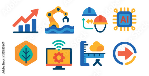 Flat vector icons of trends and technologies in engineering: trending arrow, automation wave, digital twin, AI in engineering, sustainable material trend, remote monitoring, engineering forecast,
