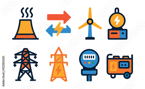 Flat vector icons of energy and power systems: power plant icon, energy flow, turbine icon, electricity generation, transmission lines, voltage tower, power meter, generator unit.